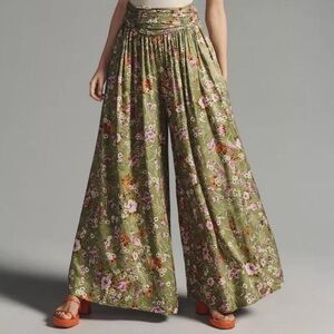 Anthropologie Floral Olive Wide-Leg Pants TALL